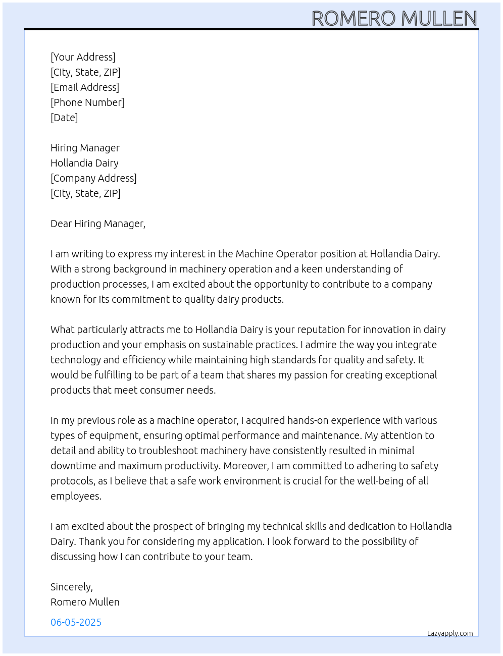 Machine operator At Hollandia Dairy Cover Letter