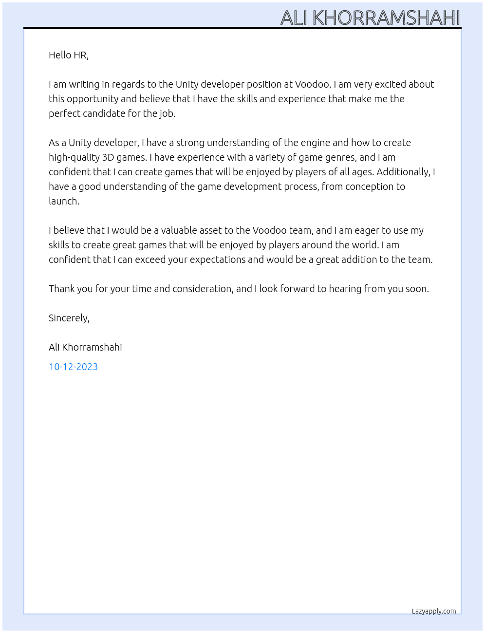 Unity developer At Voodoo Cover Letter