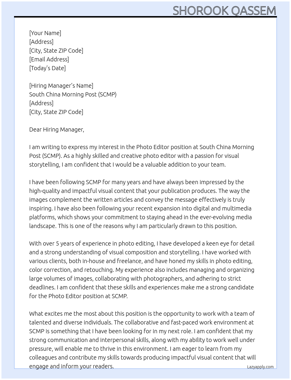 Photo Editor At South China Morning Post (SCMP) Cover Letter