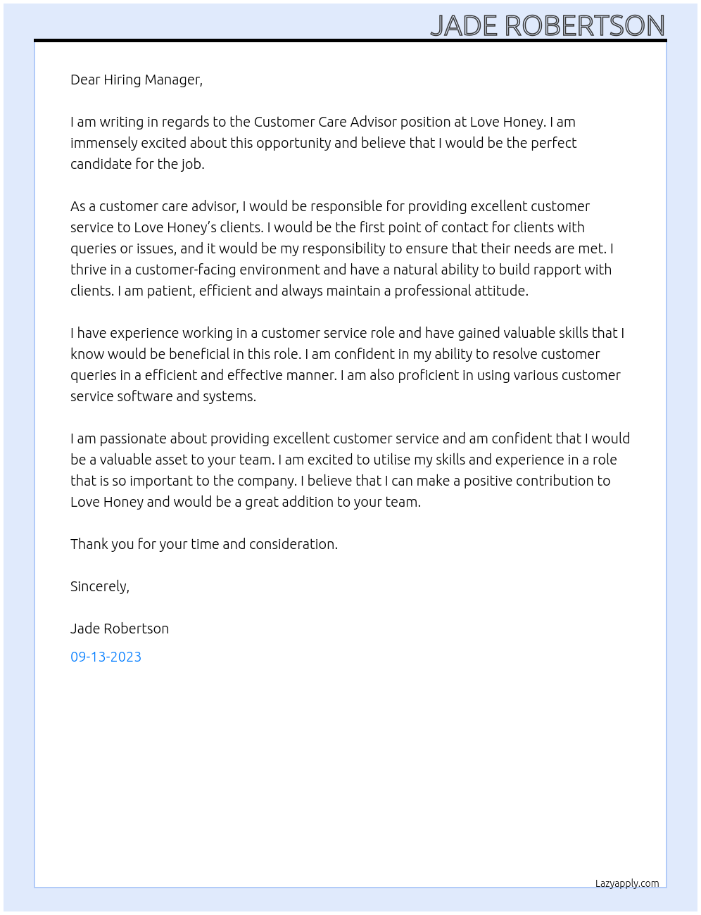 Customer Care Advisor At Love Honey Cover Letter