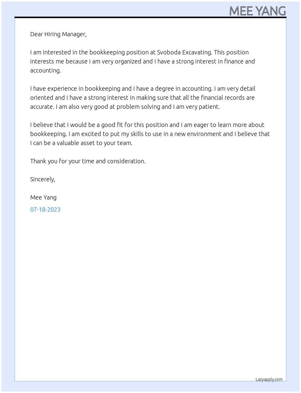 bookkeeping At Svoboda Excavating Cover Letter