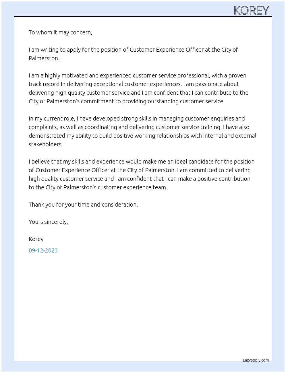 Customer Experience Officer At City of Palmerston Cover Letter