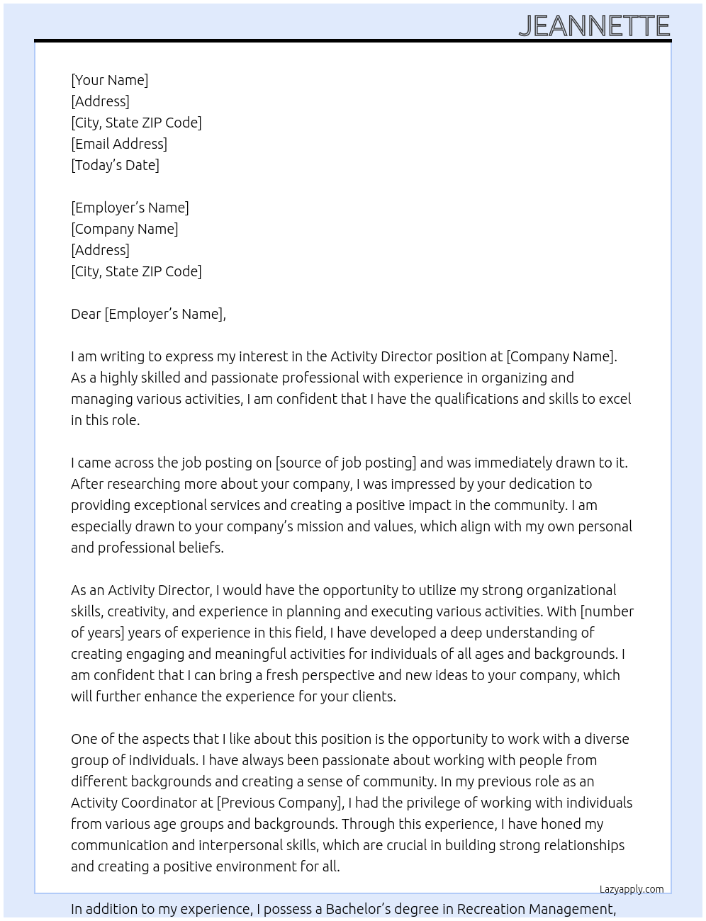 Activity Director At idk Cover Letter