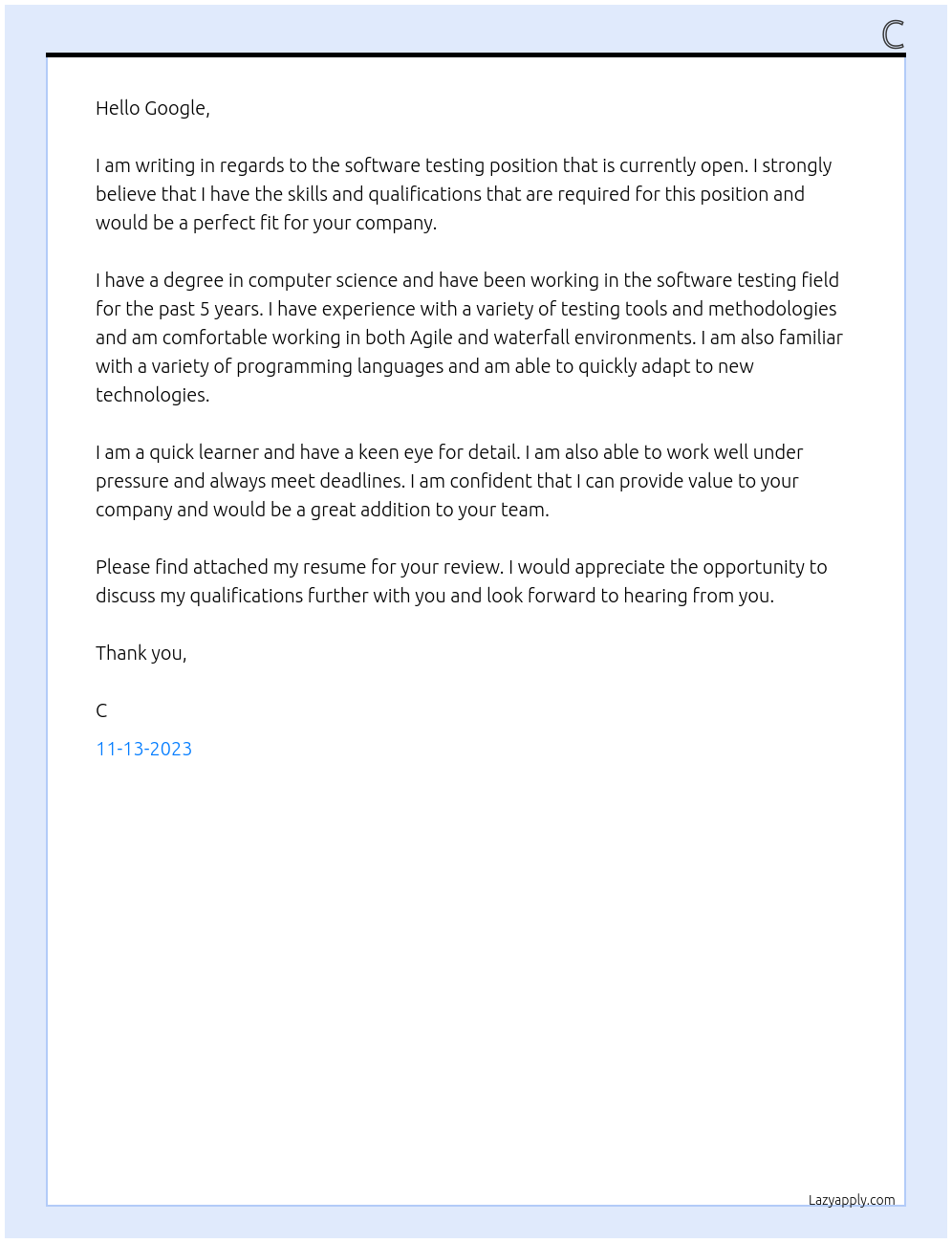 software testing At google Cover Letter