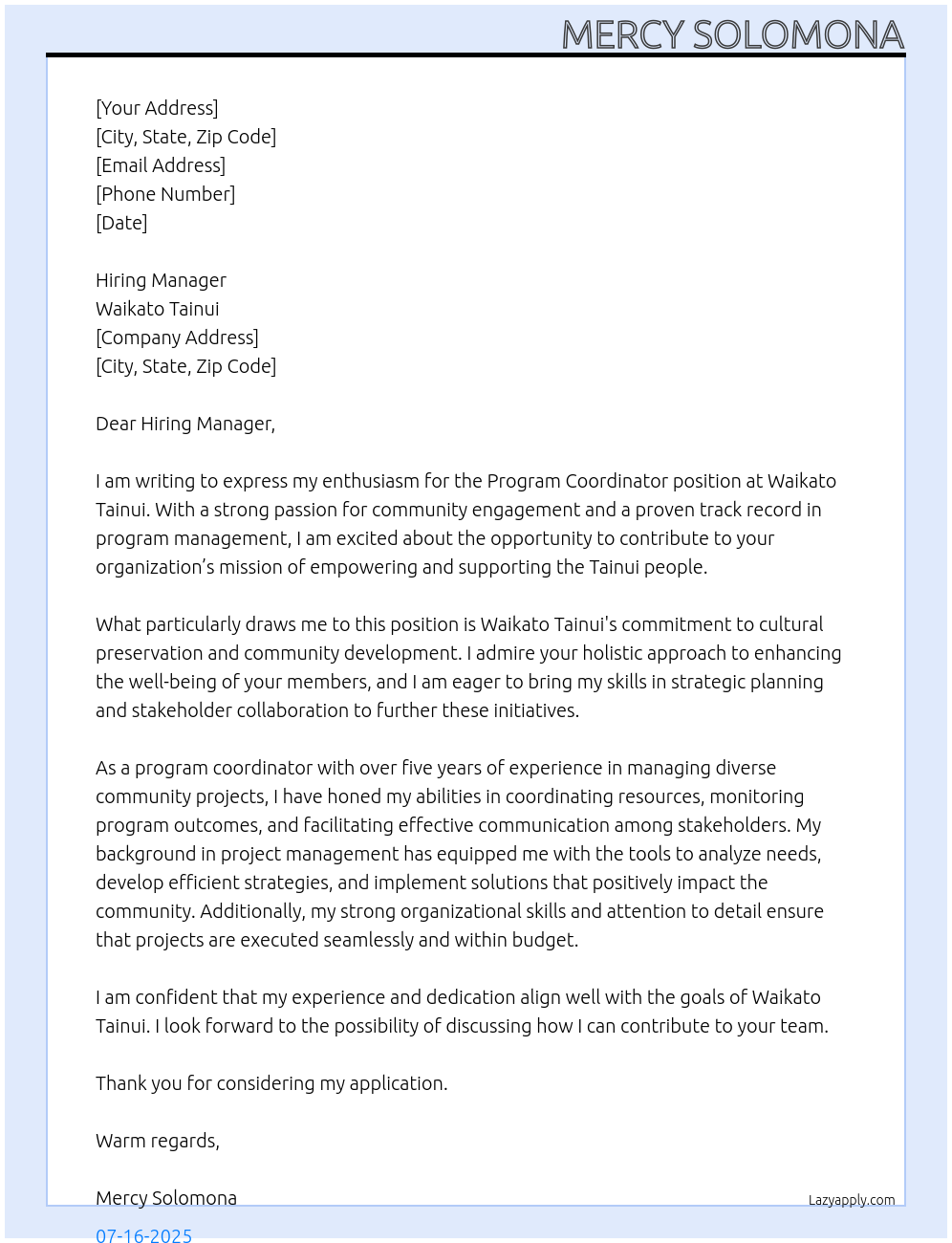 program coordinator  At Waikato Tainui Cover Letter