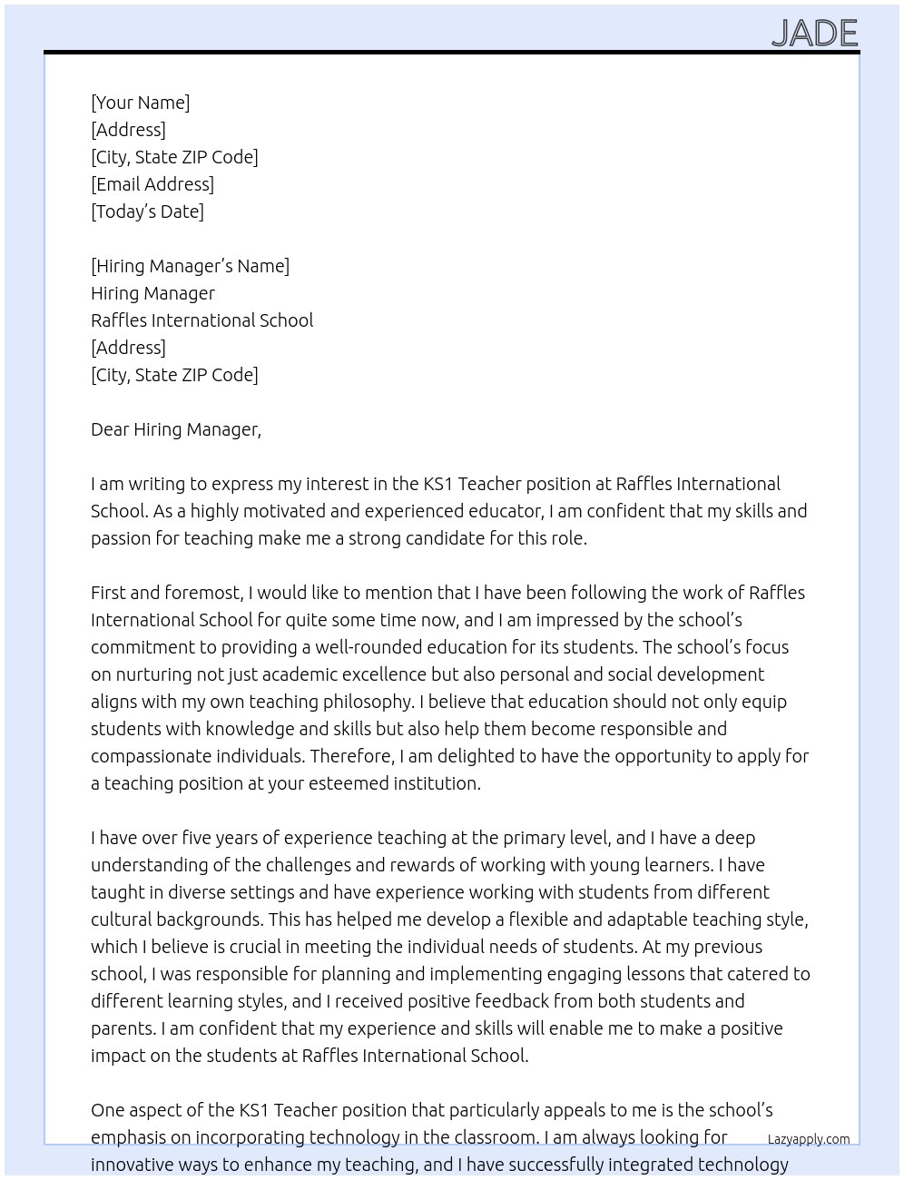 KS1 Teacher At Raffles international School Cover Letter