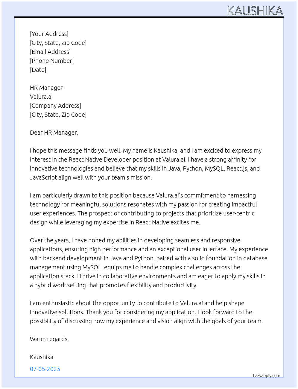 Cover letter for react native developer - LazyApply