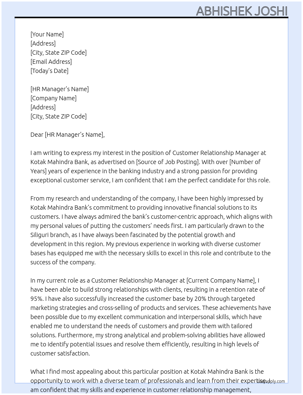 customer Relationship Manager At kotak mahindra bank Cover Letter