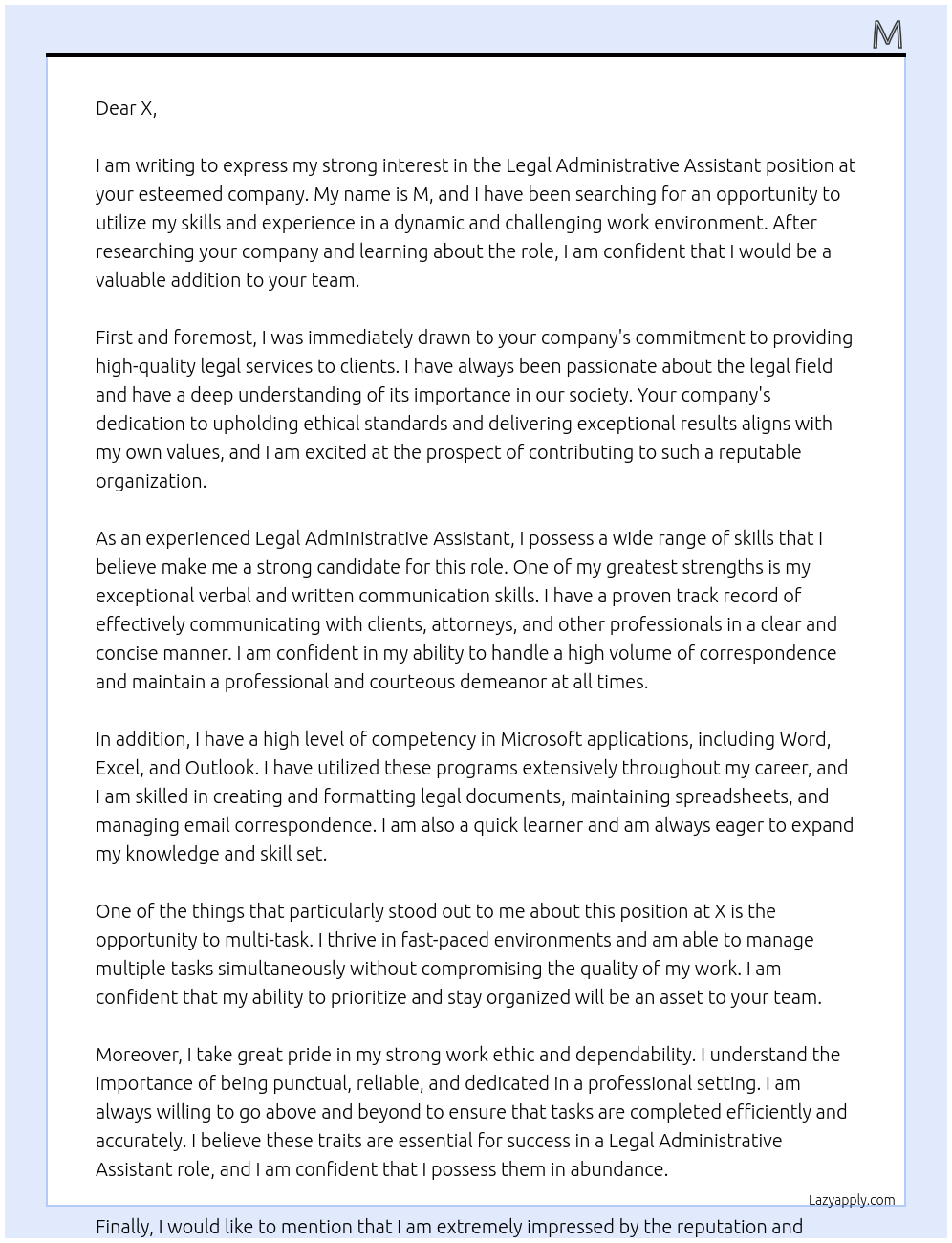 Legal Administrative Assistant At X Cover Letter
