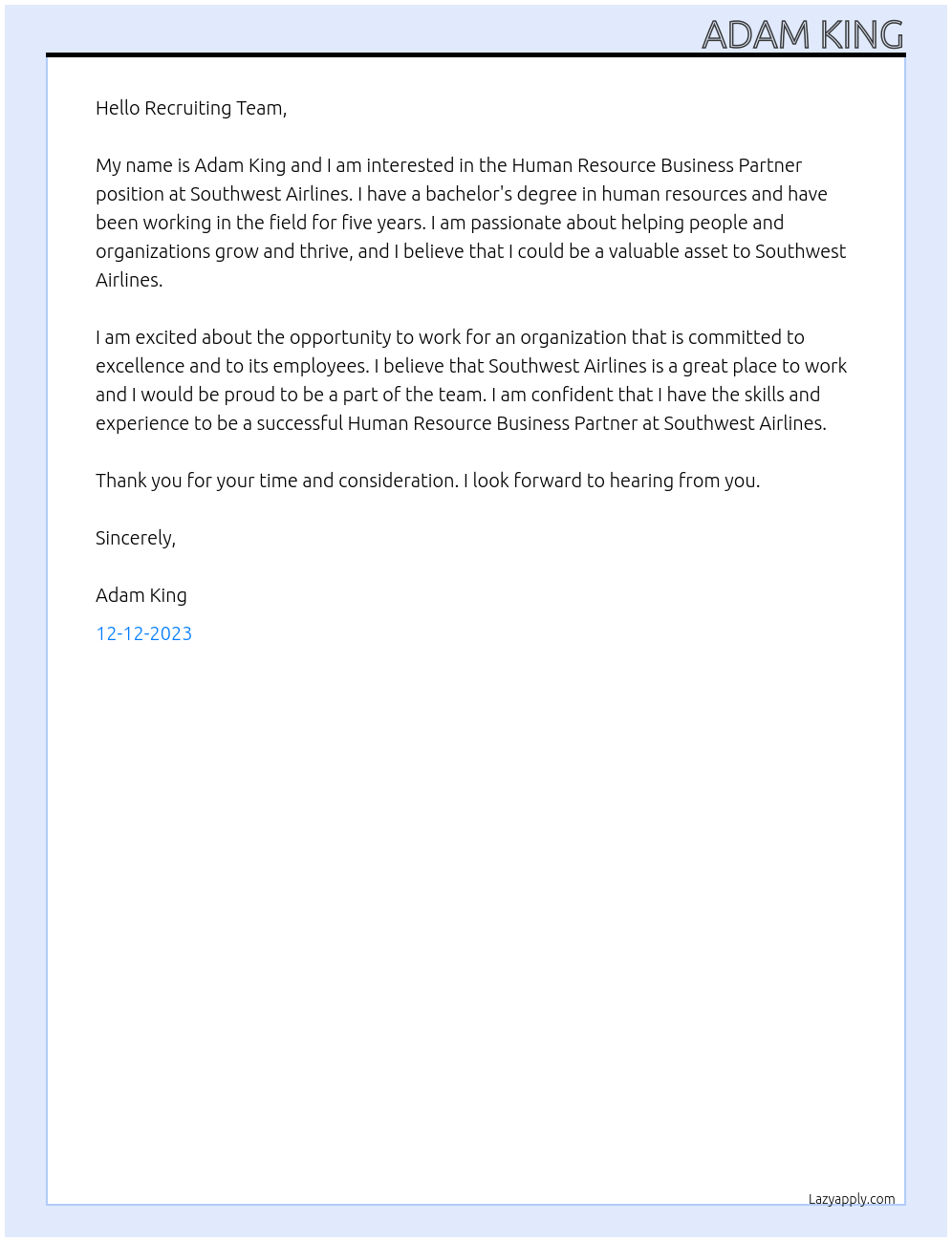 Human Resource Business Partner At Southwest Airlines Cover Letter