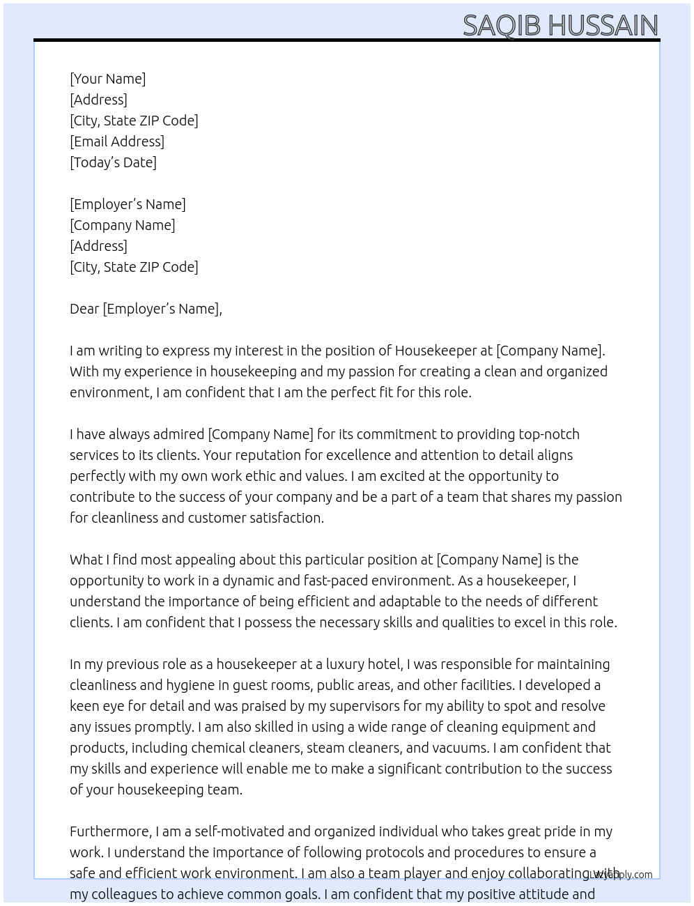 housekeeper's  At House Cover Letter