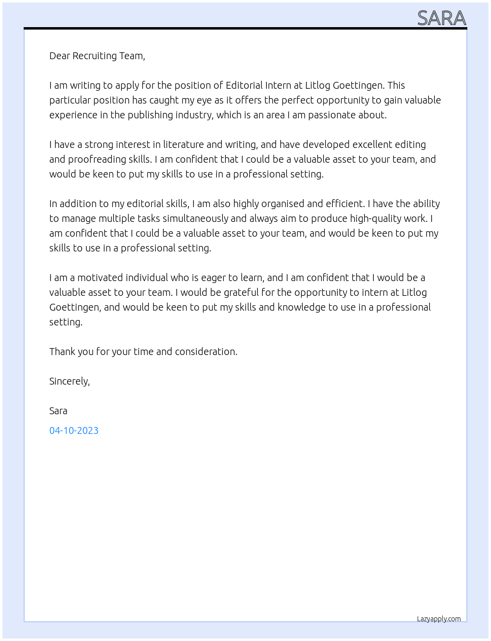 Editorial Intern At Litlog Goettingen Cover Letter