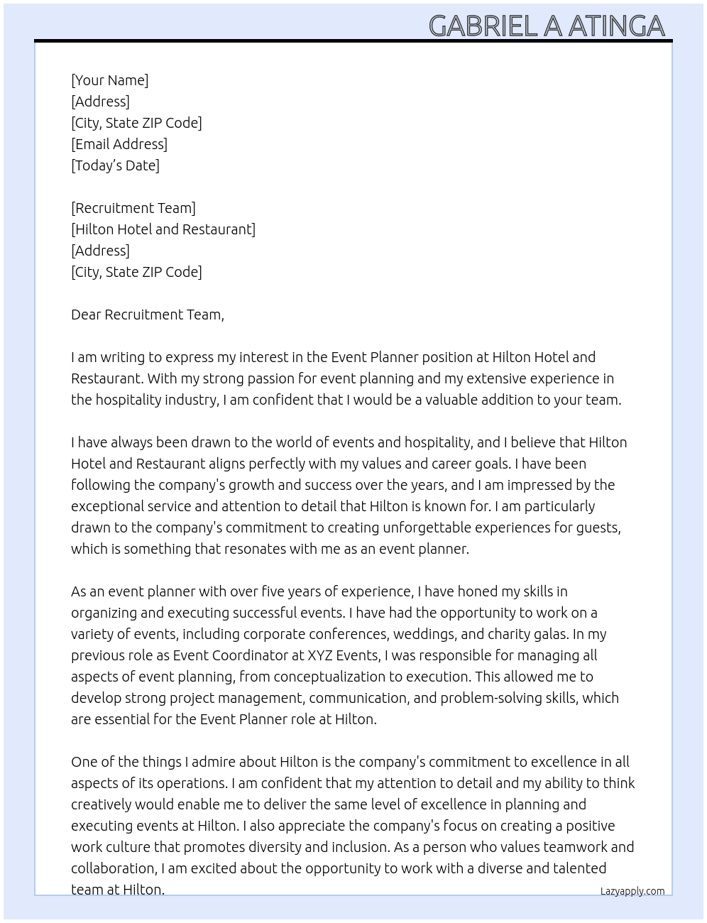 Event planner At Hilton Hotel and restaurant Cover Letter