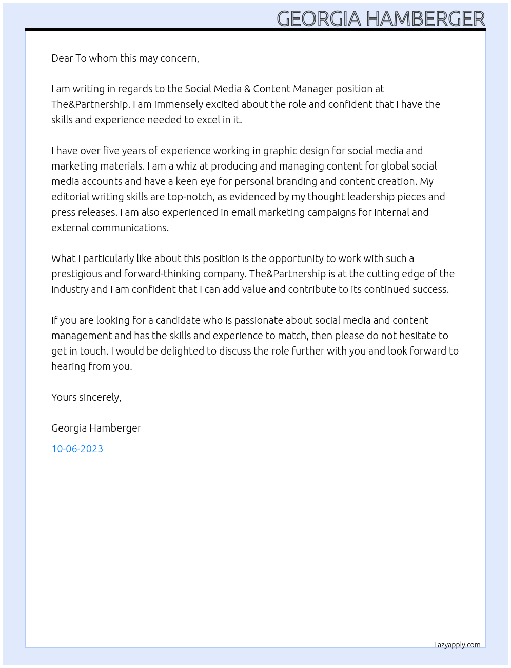 Social Media & Content Manager At The&Partnership Cover Letter