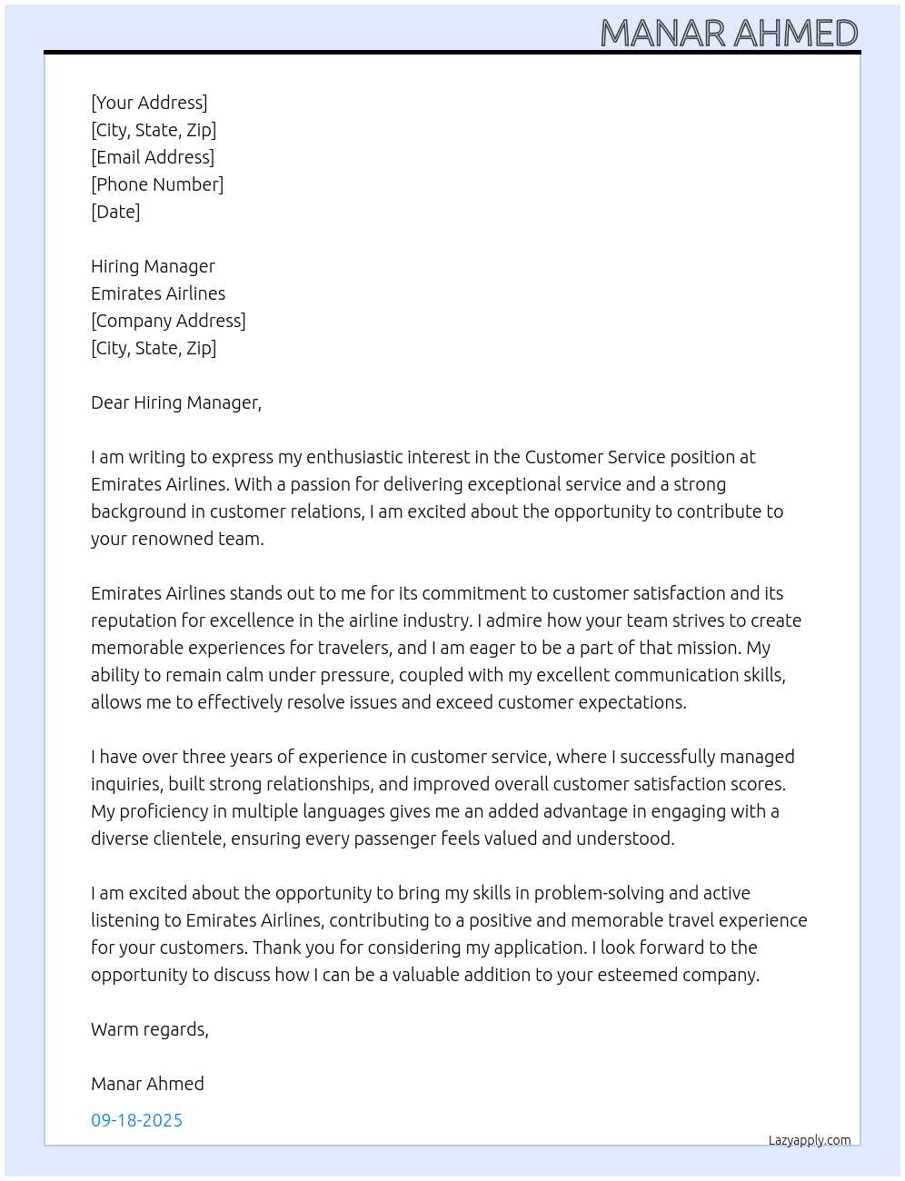 Customer Service At Emirates Airlines Cover Letter