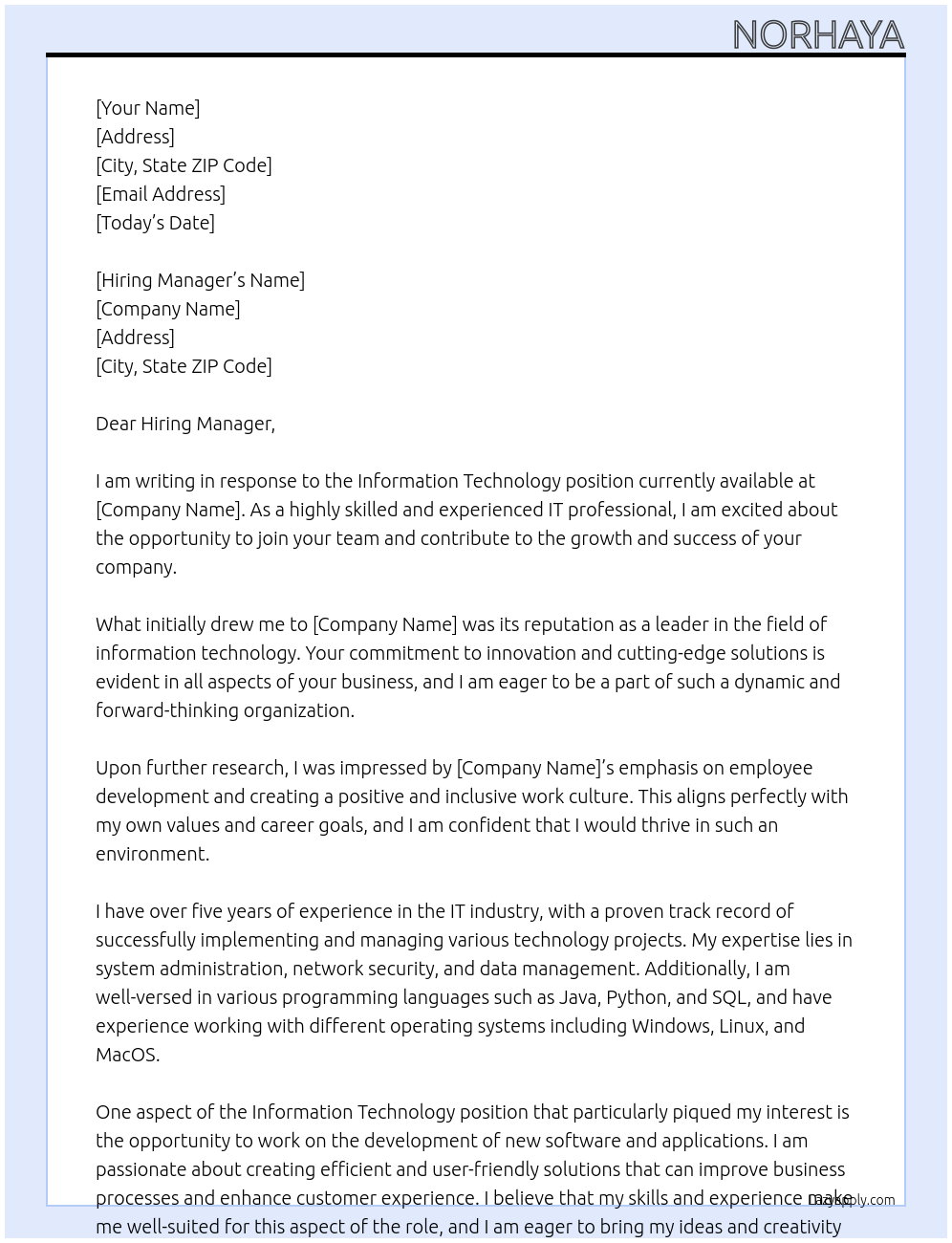 Information technology At Information technology Cover Letter