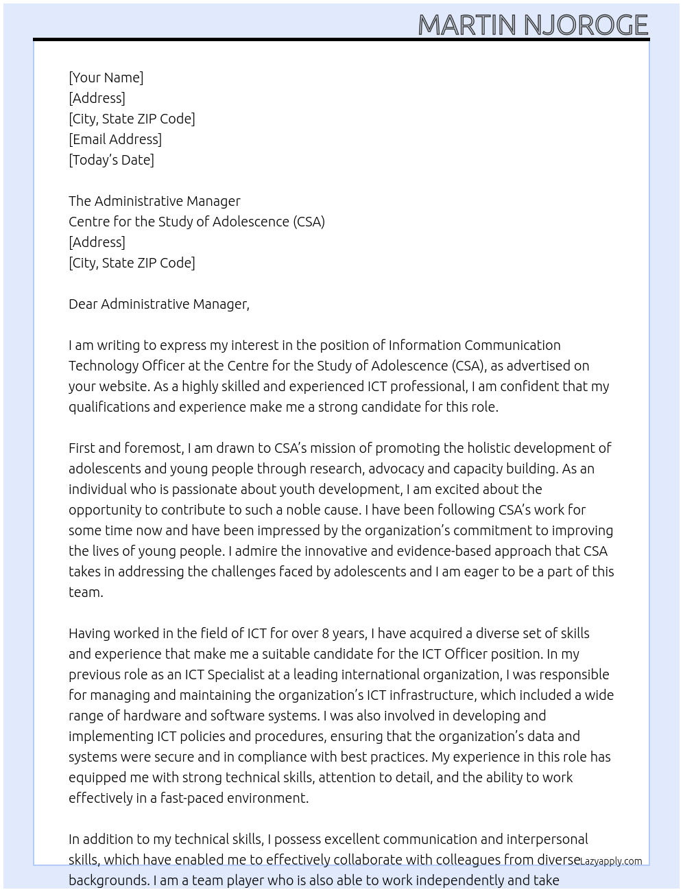 Information Communication Technology Officer At Centre for the Study of Adolescence (CSA)  Cover Letter