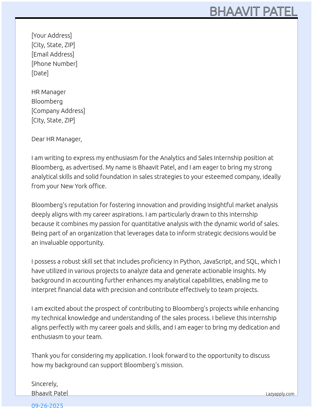 Analytics and Sales Interneship At Bloomberg Cover Letter