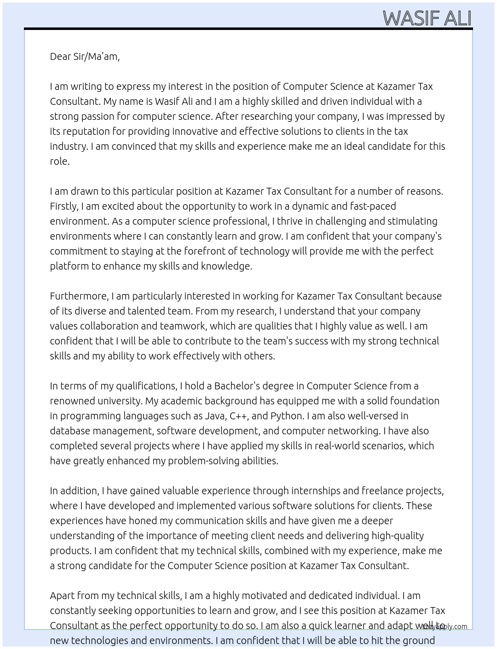 Computer science At Kazamer Tax Consultant Cover Letter