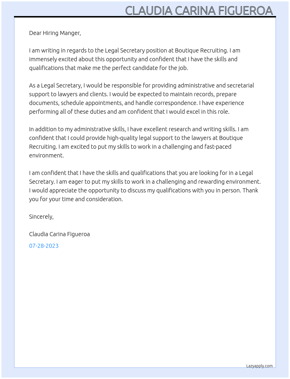 Legal Secretary At Boutique Recruiting Cover Letter