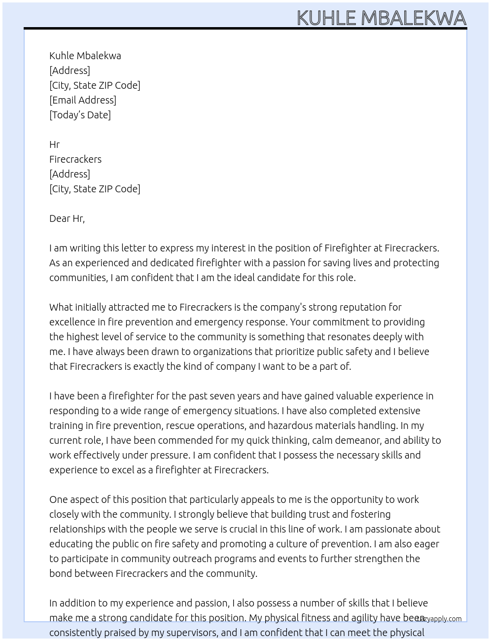 Firefighter At Firecrackers Cover Letter