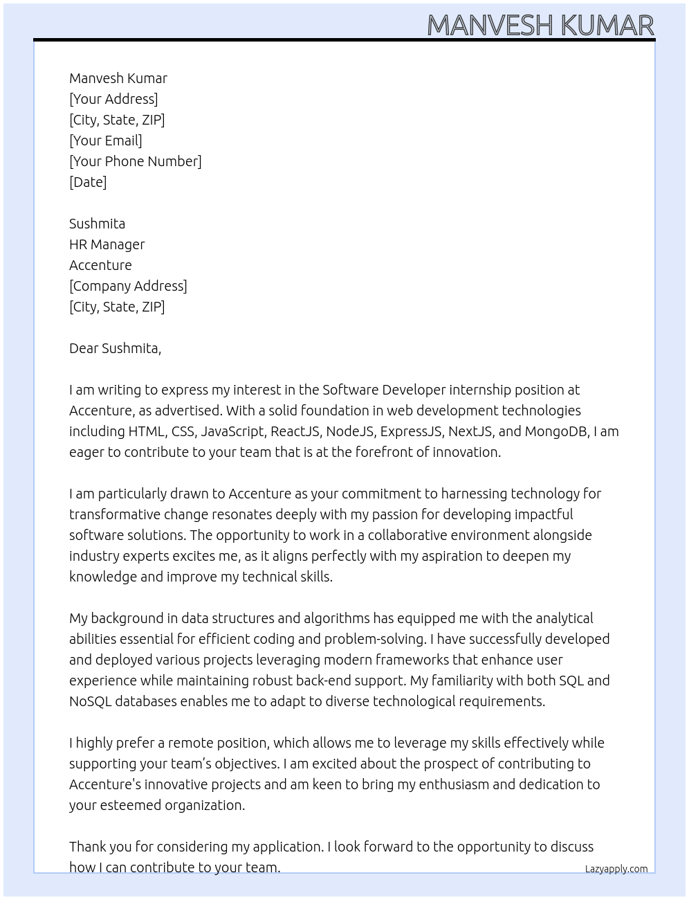 Software Developer At Accenture Cover Letter