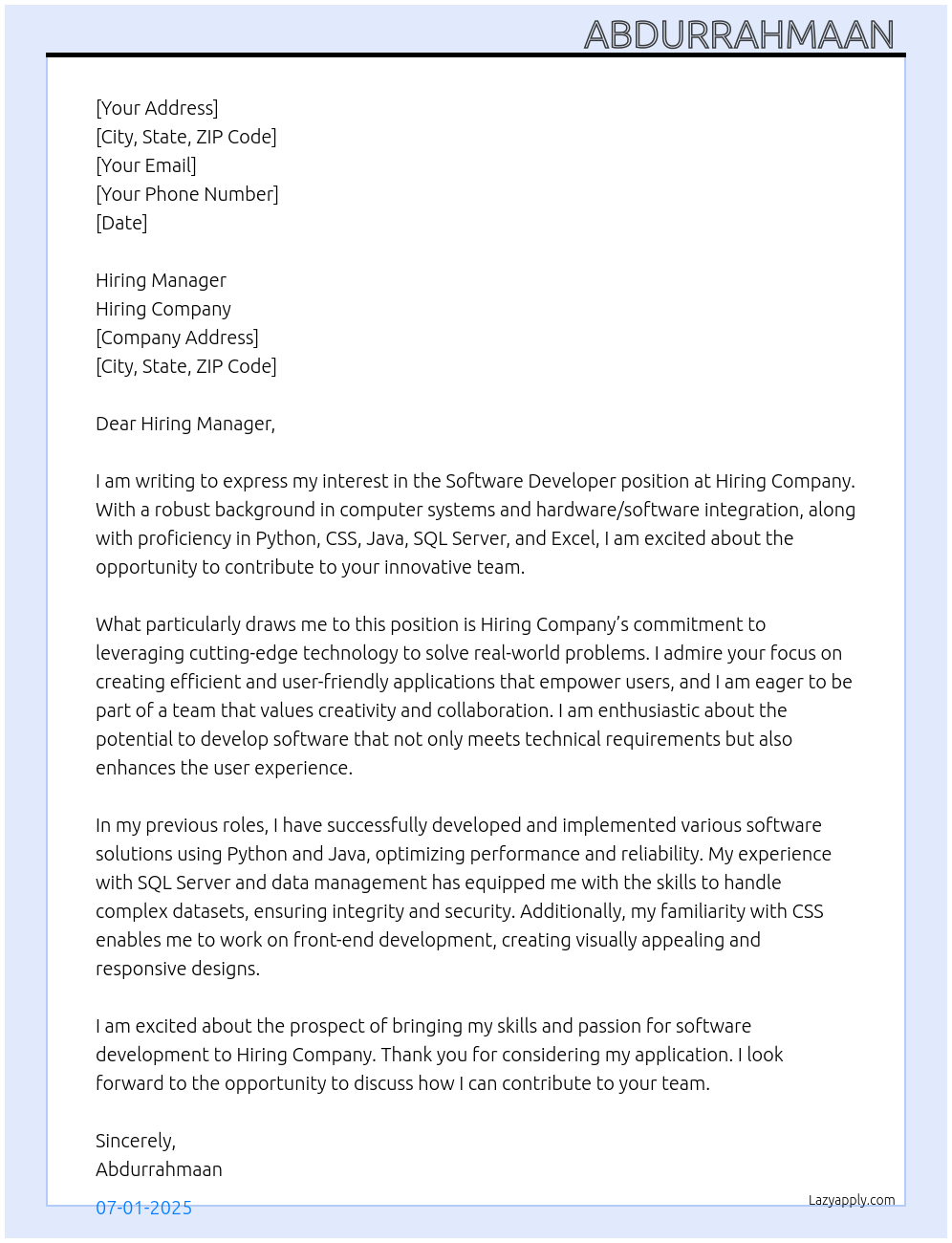Software developer At Hiring company Cover Letter