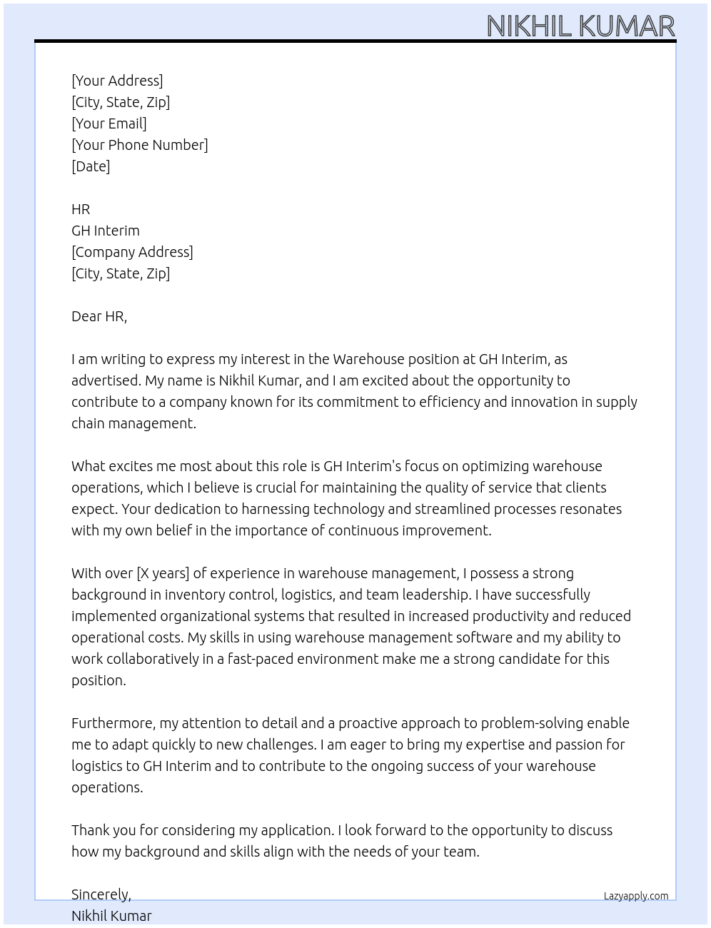 Warehouse At GH interim Cover Letter