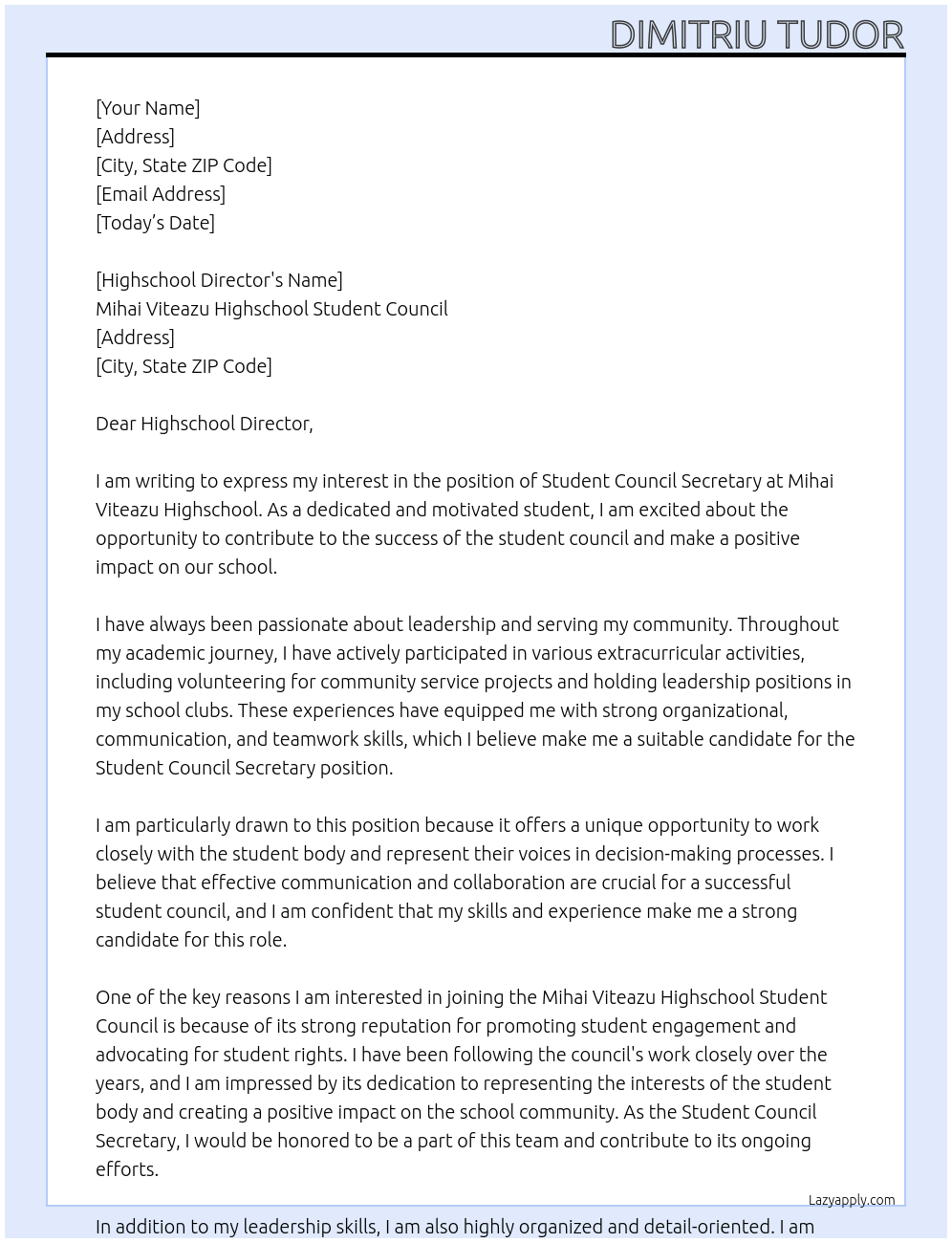 Cover letter for student council secretary - LazyApply