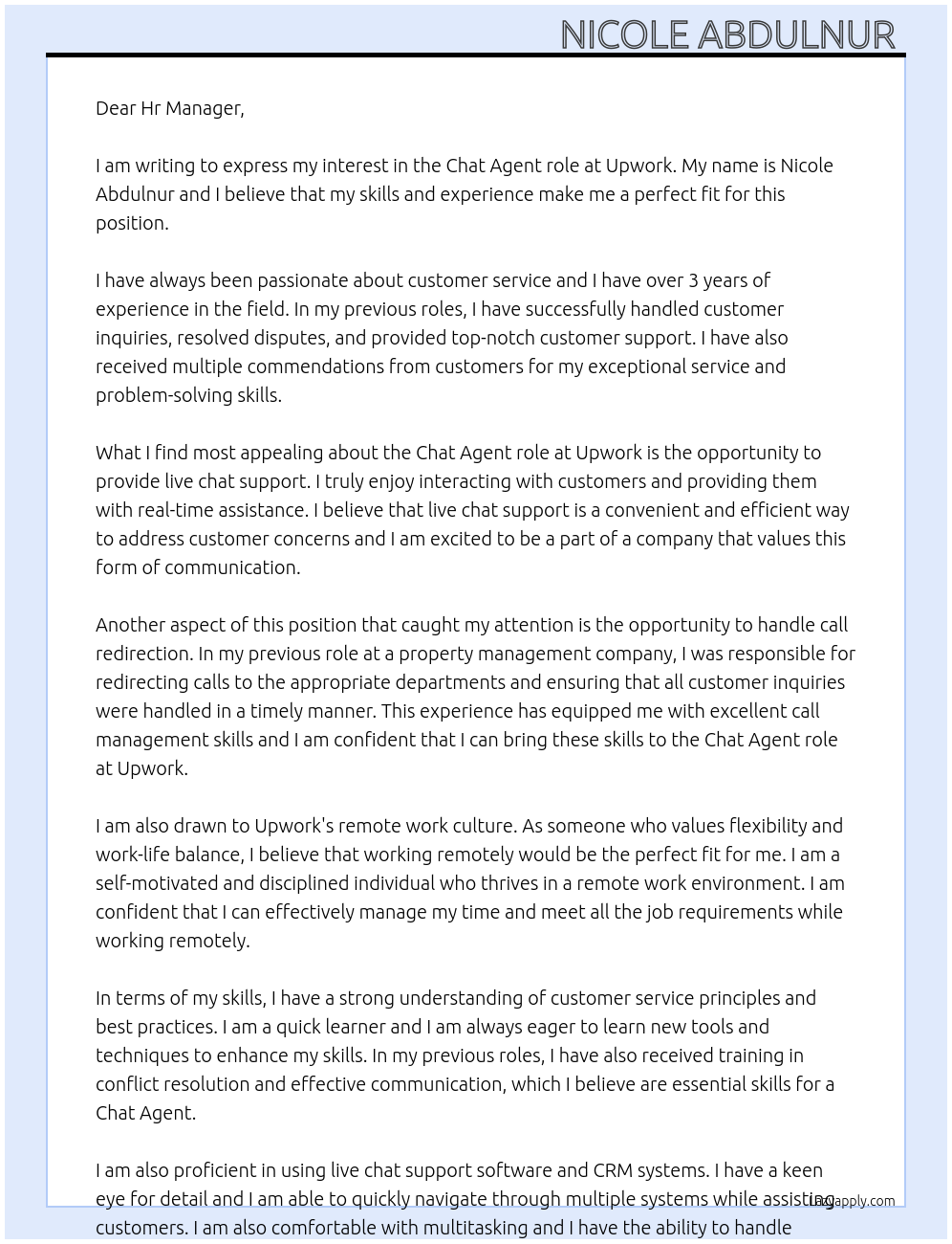 Chat agent At Upwork Cover Letter