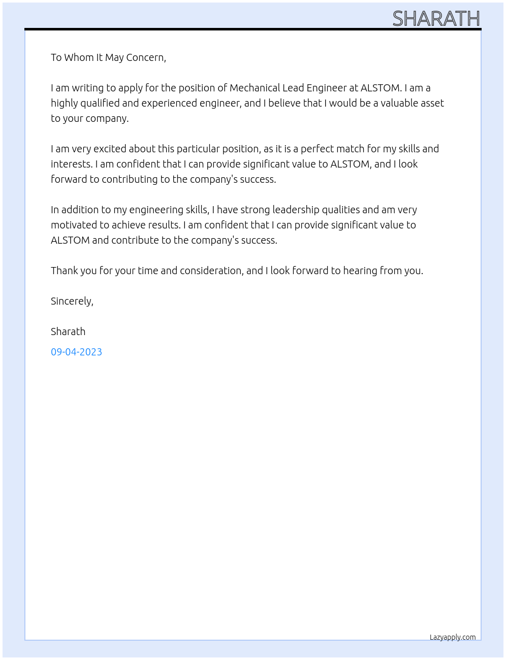 Mechanical lead engineer At ALSTOM Cover Letter