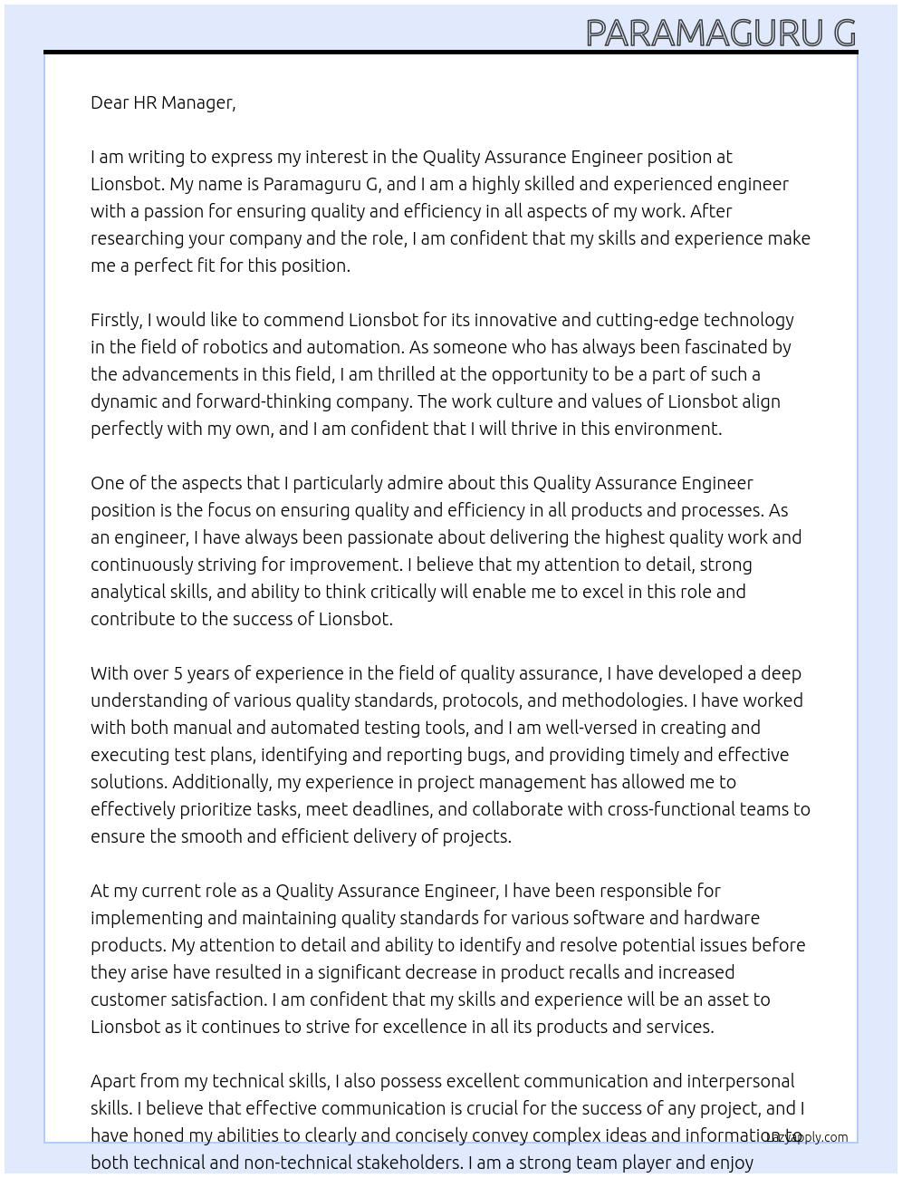 quality assurance engineer At lionsbot Cover Letter
