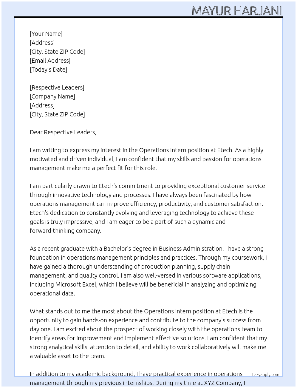 Operations Intern At Etech Cover Letter