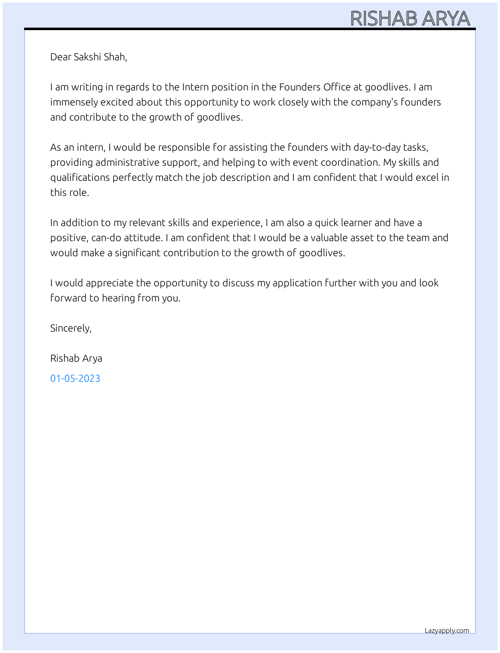 Cover Letter For Goodlives LazyApply