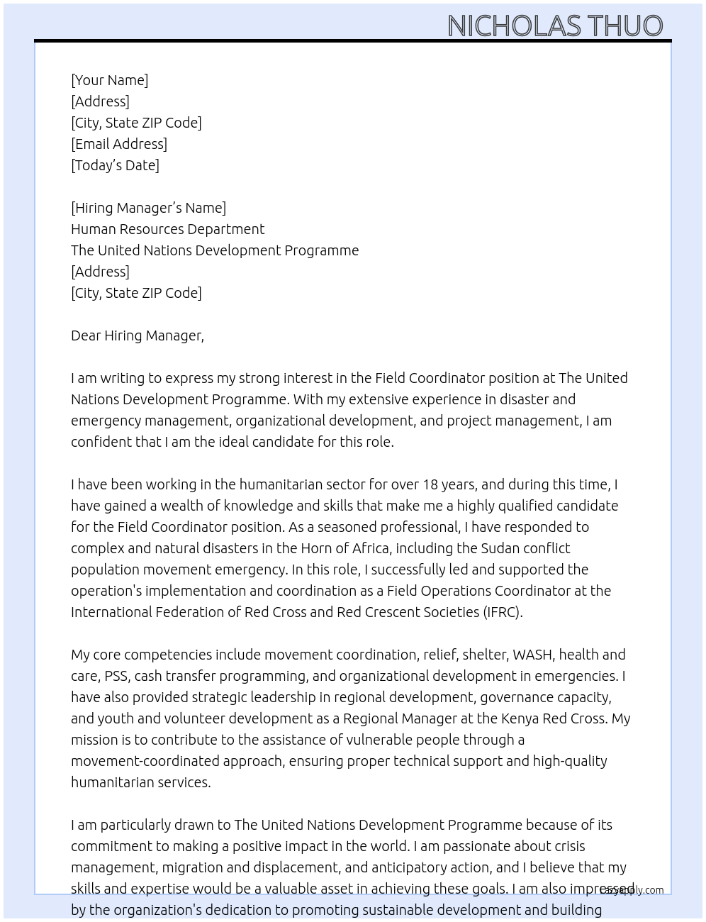 Field Coordinator At The United Nations Development Programme  Cover Letter