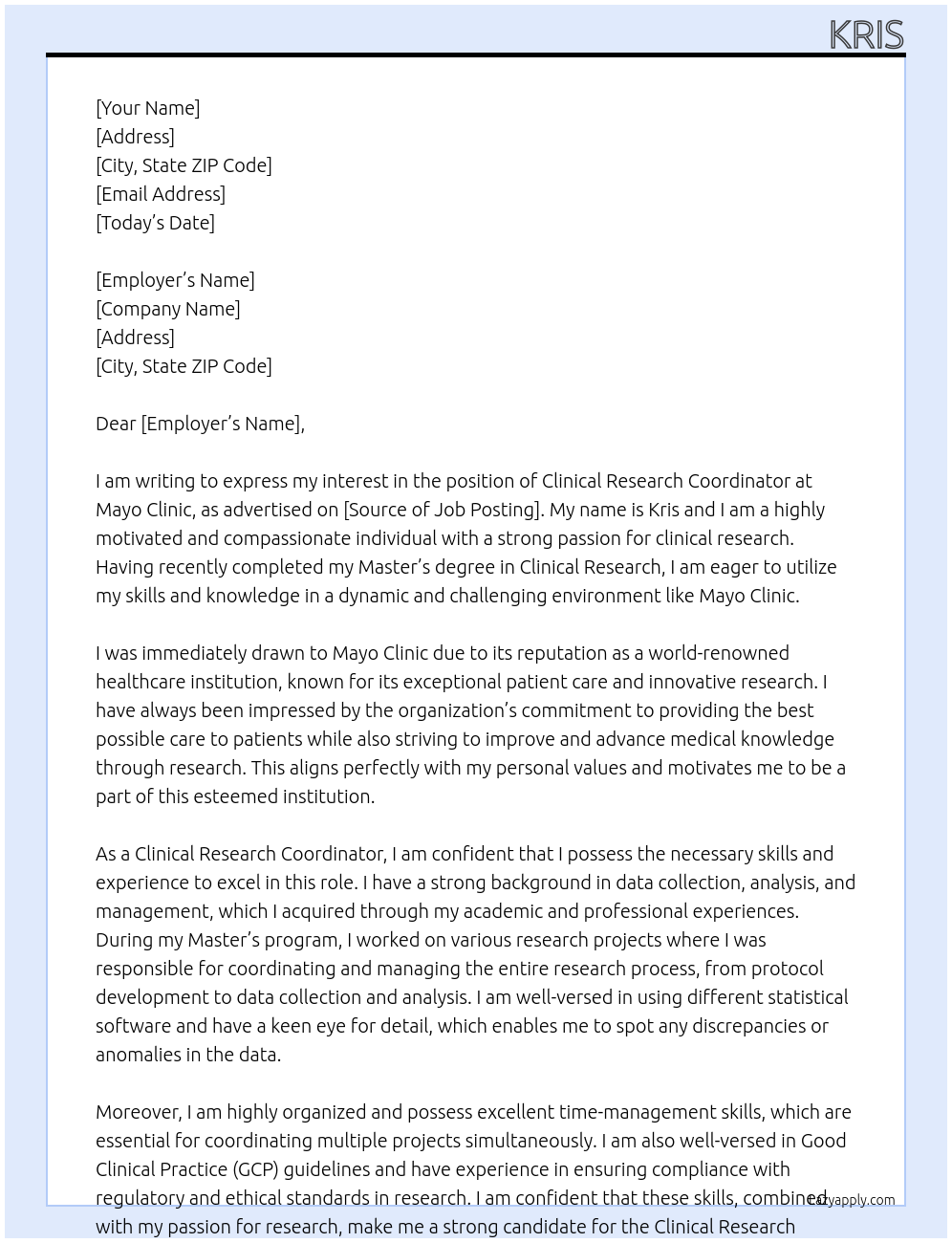 Clinical Research Coordinator At Mayo Clinic Cover Letter