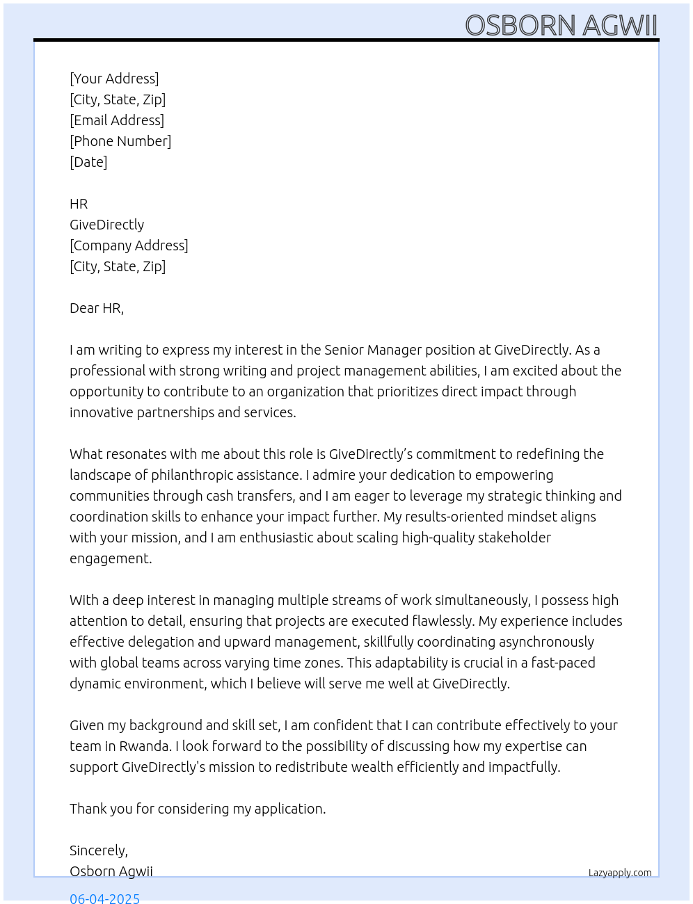 Senior Manager At GiveDirecty Cover Letter