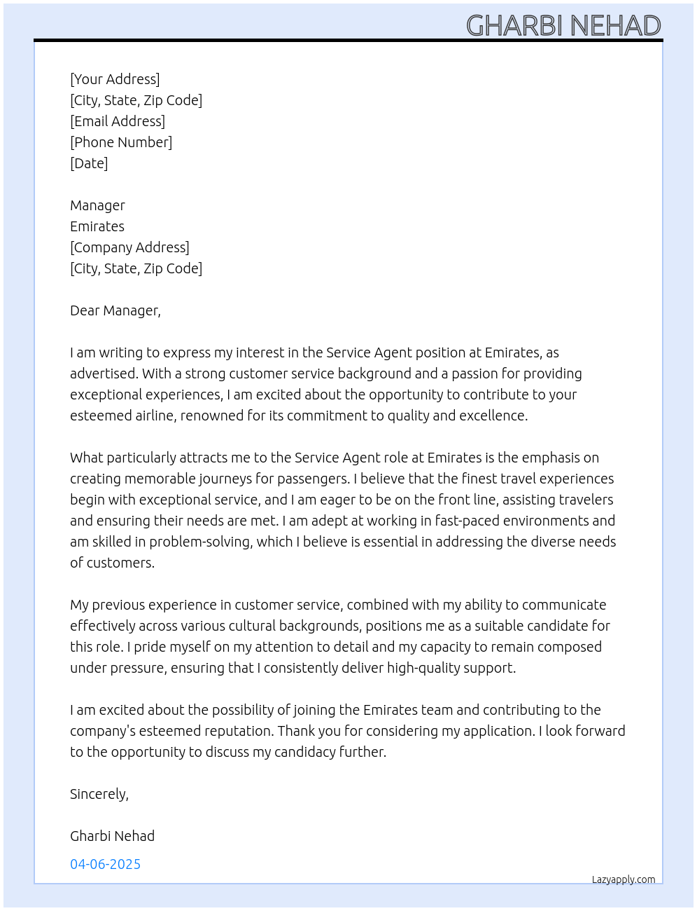 service agent At emirate  Cover Letter