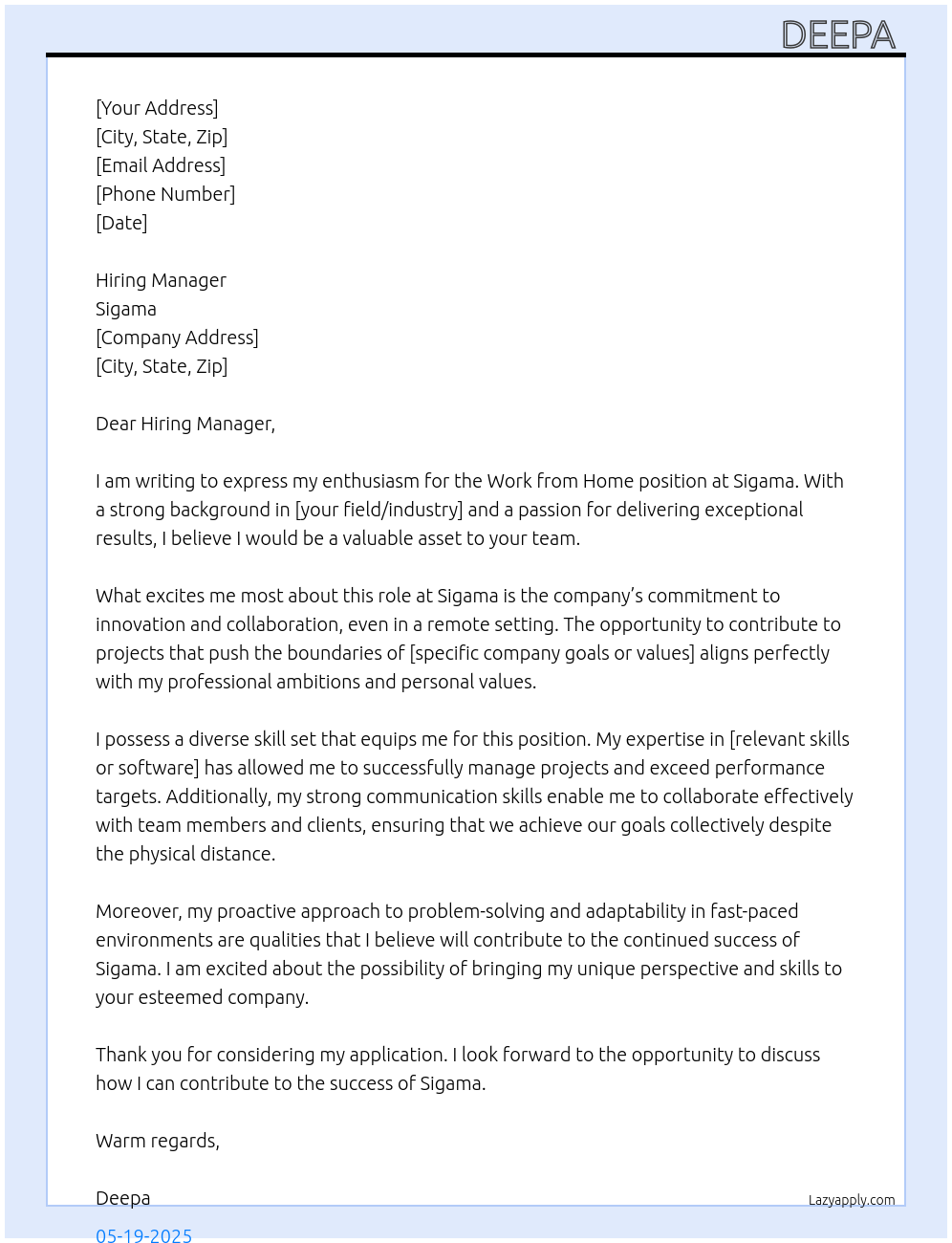 Work from home At Sigama Cover Letter