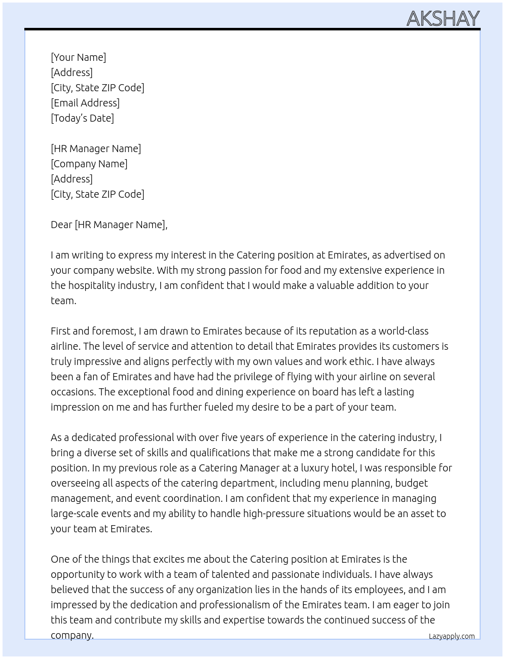 CATERING At Emirates Cover Letter