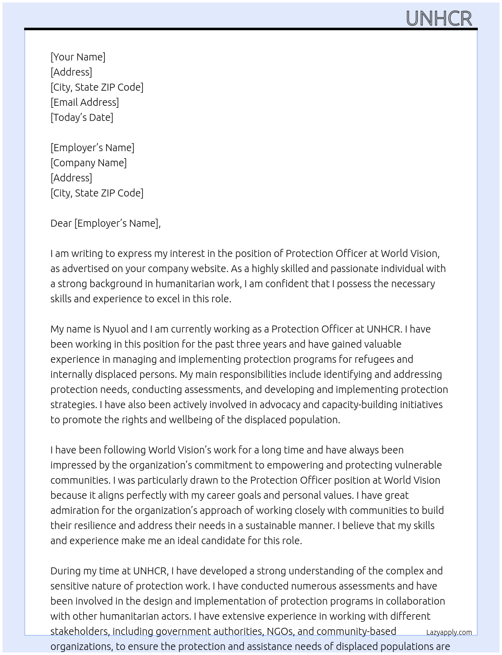 Protection officer  At World vision  Cover Letter