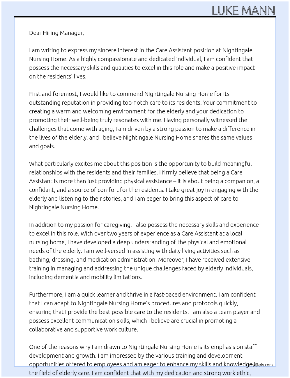 Care Assistant  At Nightingale Nursing Home Cover Letter