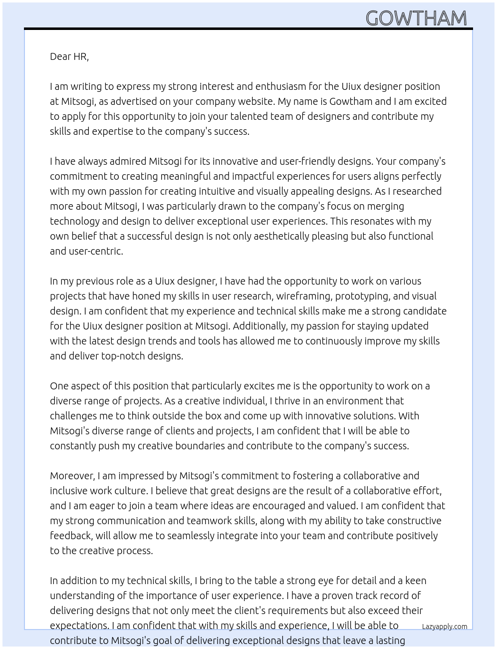 Uiux designer At Mitsogi Cover Letter