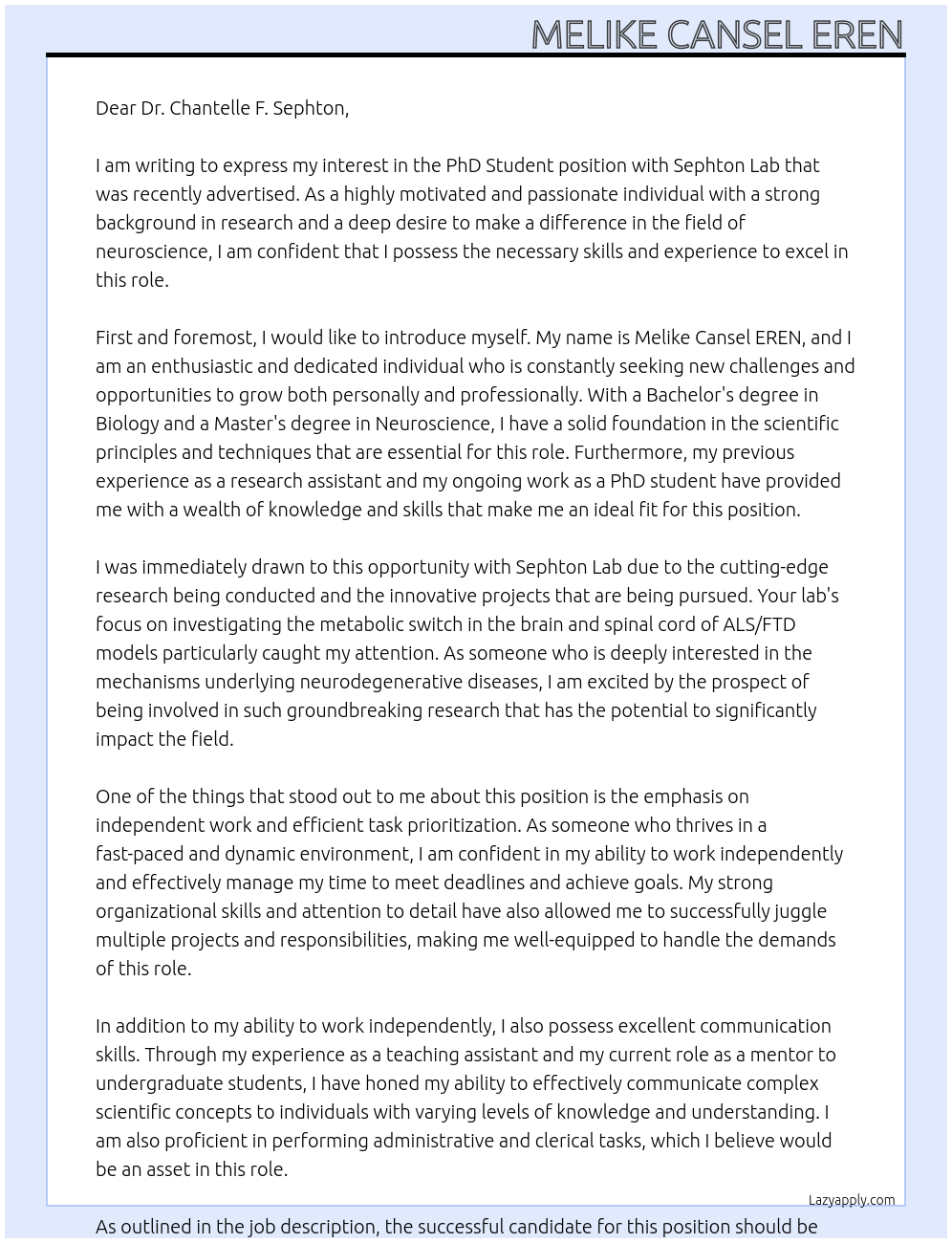 PhD Student At Sephton  Lab Cover Letter