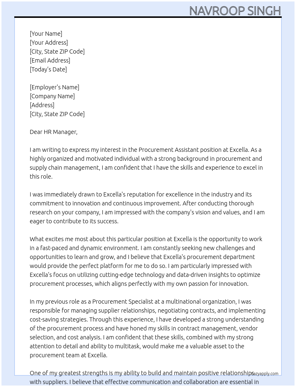 Procurement Assistant At Excella Cover Letter