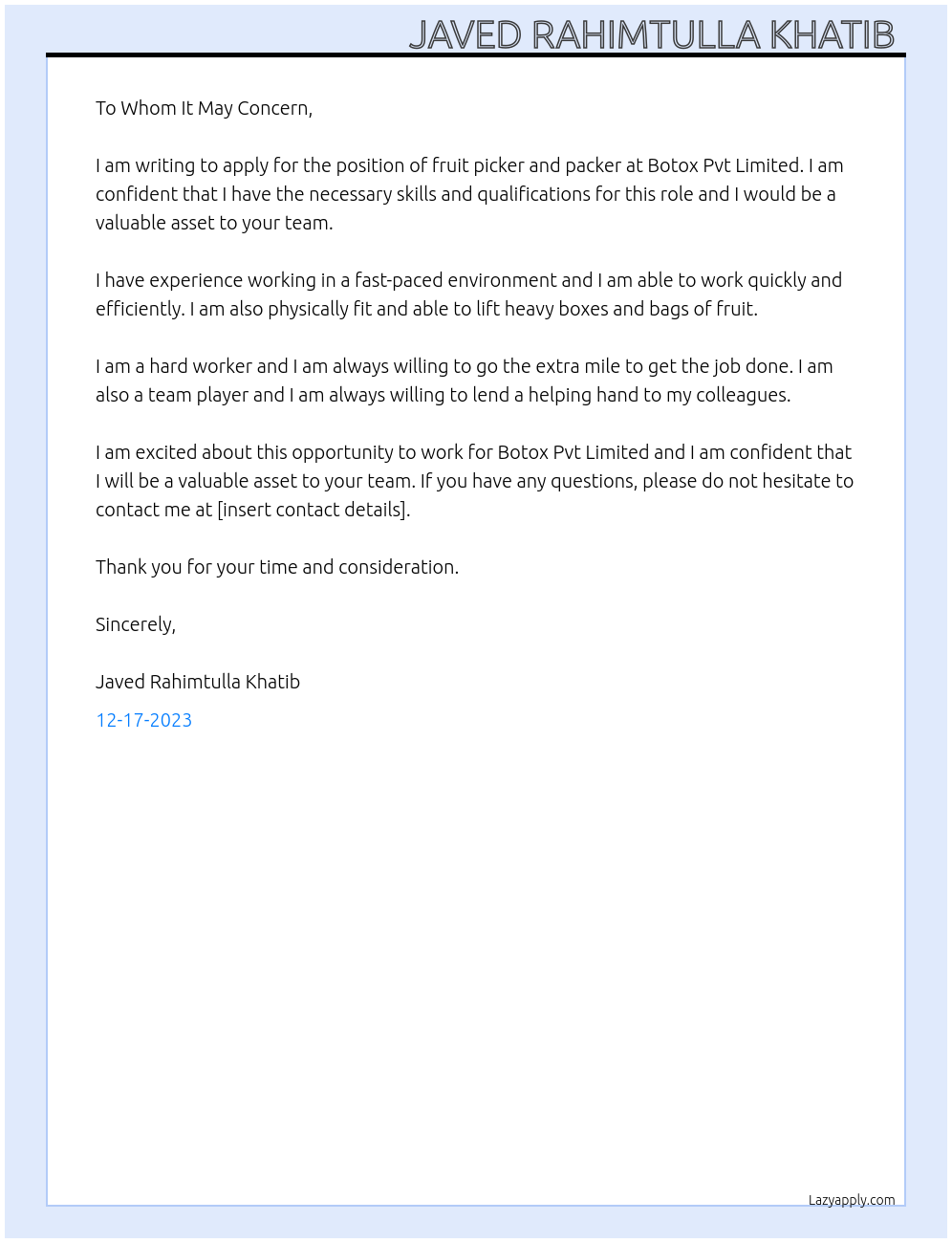 fruit picker and packer At botox pvt limited Cover Letter