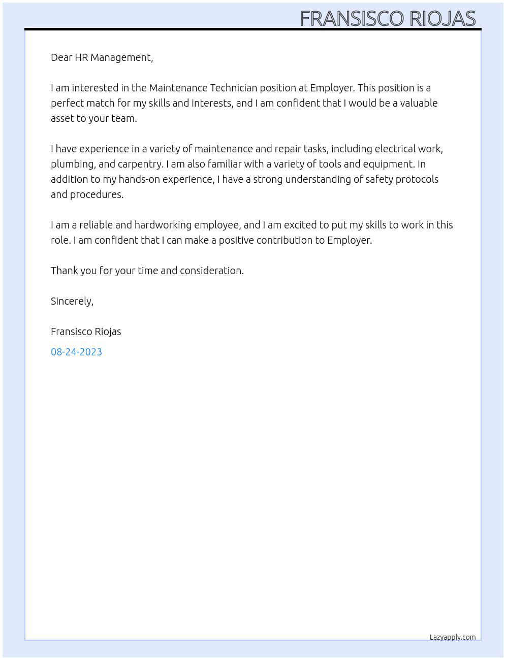 Maintenance Technician At Employer Cover Letter