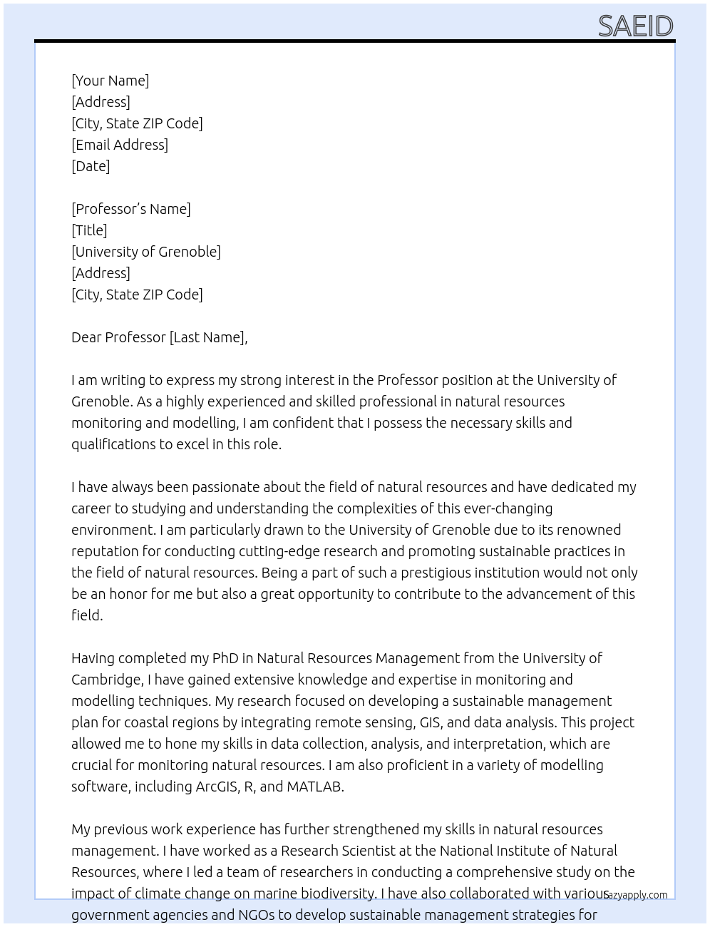 professor At University of Grenoble Cover Letter