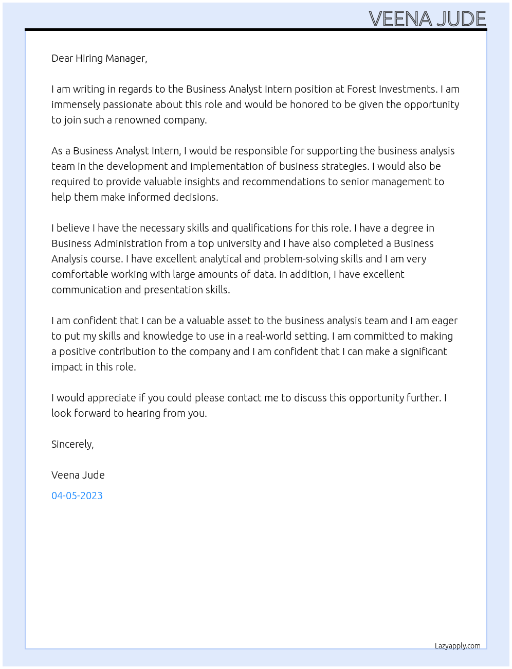 Business Analyst Intern At Forest Investments Cover Letter