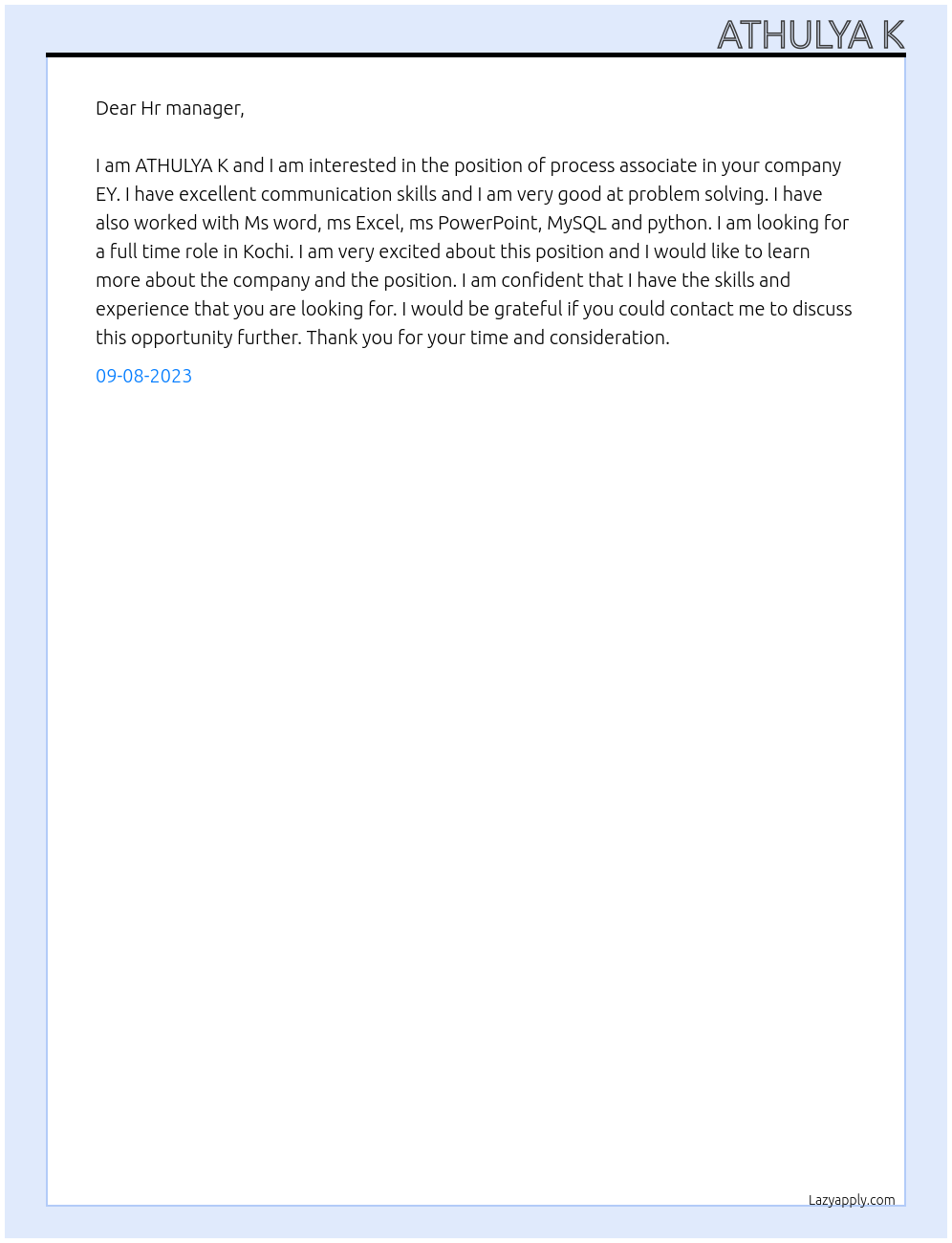 Process associate At EY Cover Letter